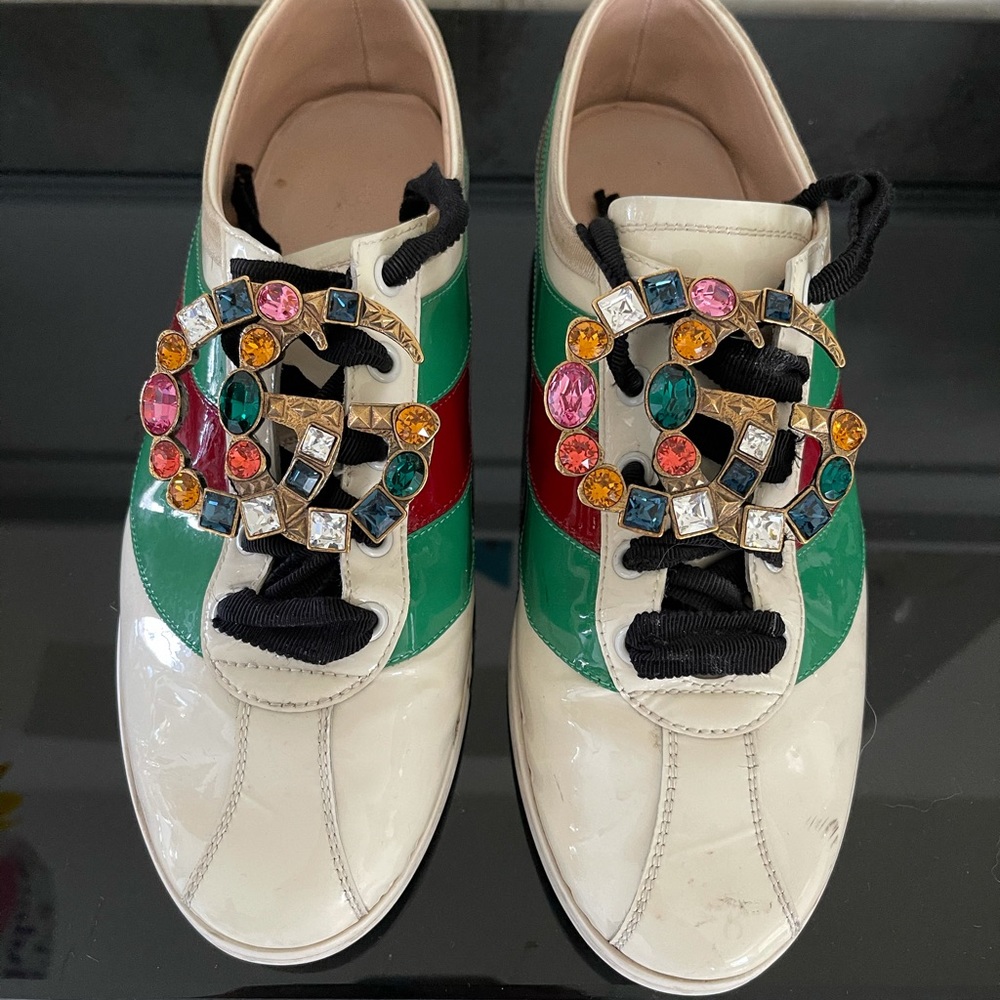White, Green & Red Patent Leather Women's Sneakers with Jeweled Accent